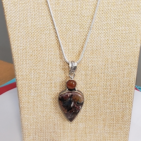 Jasper necklace, 925 silver jasper carnelian 925 silver pendant long necklace - Picture 5 of 13